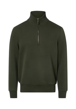 Olive green zip-neck pullover made from soft fabric, featuring a high collar and ribbed cuffs for a comfortable fit.
