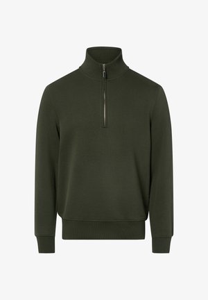 Olivgrüner Pullover mit Reißverschluss am Hals aus weichem Stoff, mit hohem Kragen und gerippten Bündchen für eine bequeme Passform.