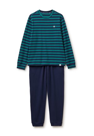 Camisa de manga larga con rayas horizontales verdes y azul marino combinada con pantalones azul marino lisos, mostrada plana sobre fondo blanco.