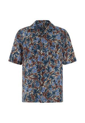 Chemise à manches courtes à boutons avec imprimé floral bleu et brun, col classique et boutons sur le devant.