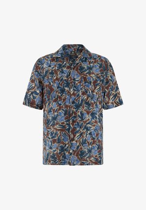 Chemise à manches courtes à boutons avec imprimé floral bleu et brun, col classique et boutons sur le devant.