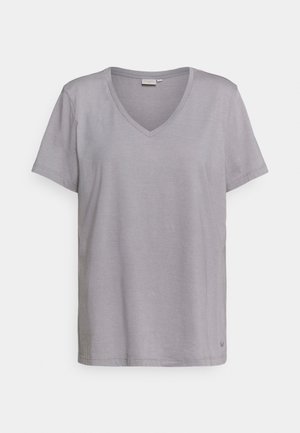 Lysegrå kortærmet bomulds-T-shirt med V-hals, vist fladt mod en hvid baggrund.