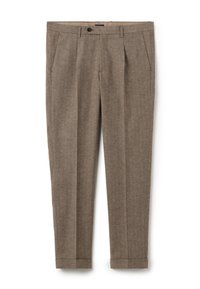 Bruine gepatenteerde tailored broek met herringbone patroon, met voorplooien, zijzakken, riemlussen, knoopsluiting en omslagranden.