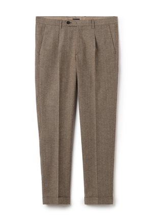 Braune taillierte Hosen mit Fischgrätmuster, vorderen Falten, Seitentaschen, Gürtelschlaufen, Knopfverschluss und umgeschlagenen Säumen.