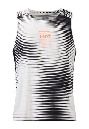 Heren sporttop zonder mouwen met zwart-witte horizontale gradiëntstrepen en een oranje "Rossignol 1907" logo op de borst.