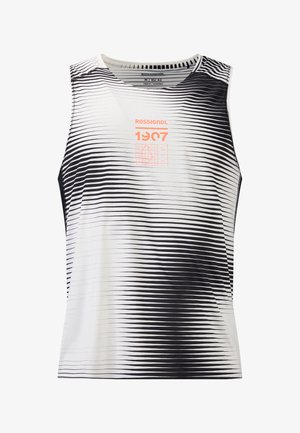 Ärmelloses Herren-Sportoberteil mit schwarz-weißen horizontalen Verlaufsstreifen und orangefarbenem "Rossignol 1907"-Logo auf der Brust.