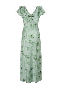 Rochie maxi din satin verde deschis cu imprimeu floral delicat, mâneci off-shoulder cu volane și decolteu în V cu detaliu adunat.