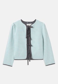 Hele sinine ruuduline riidejakk ümmarguse kaelusega, pikkade varrukatega, musta ääristuse ja keskel lipsu detailiga sulgemiseks.