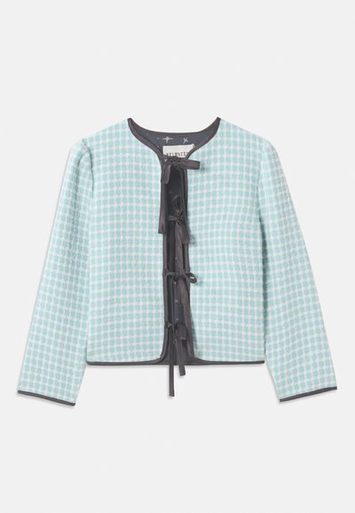 Jacket din material cu carouri, de culoare albastru deschis, cu guler rotund, mâneci lungi, finisaj negru și detaliu de fundiță în centru pentru închidere.