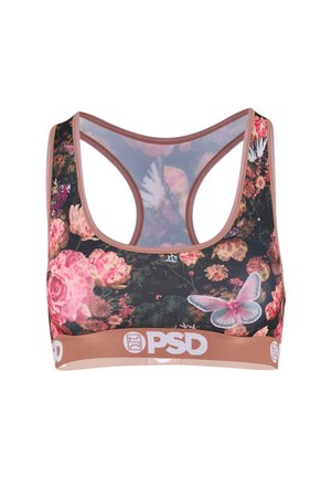 Sports bra with racerback design, floral and butterfly print on black background, and brown elastic band with white PSD branding.