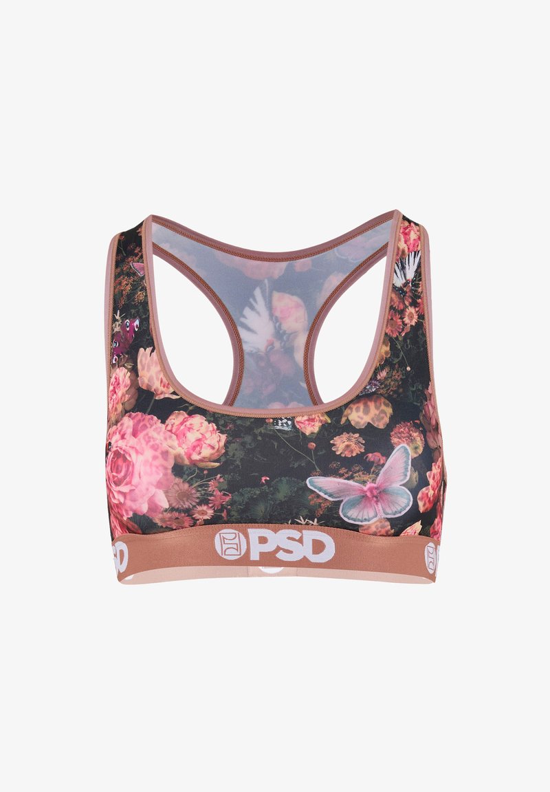 Sport-BH mit Racerback-Design, floralen und Schmetterlingsdruck auf schwarzem Hintergrund sowie braunem Elastikband mit weißem PSD-Branding.