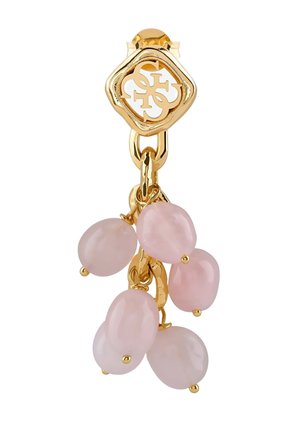 Boucle d'oreille en ton or avec logo de la marque entrelacé et grappes pendantes de perles irrégulières rose pâle.