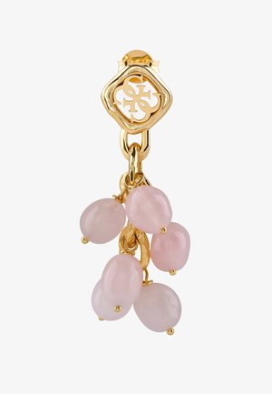 Kolczyk w kolorze złota z przeplatającym się logo marki i zwisającymi klastrami nieregularnych, bladoróżowych koralików.