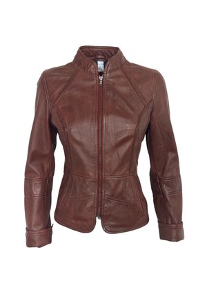 Bruine leren jas met rits aan de voorkant, getailleerde taille, opstaande kraag en gestikte paneeldetails op mouwen en lijf.