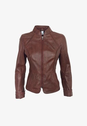 Bruine leren jas met rits aan de voorkant, getailleerde taille, opstaande kraag en gestikte paneeldetails op mouwen en lijf.