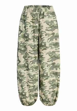 Lahke lõikega püksid rohelise ja beeži kamuflaažimustriga, elastse vöökohaga ja elastsete mansettidega pahkluude juures.