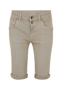 Shorts beige à ourlet roulé en denim, dotés d'une fermeture à deux boutons et de poches avant avec un accent subtil.