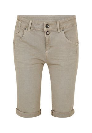 Shorts beige à ourlet roulé en denim, dotés d'une fermeture à deux boutons et de poches avant avec un accent subtil.