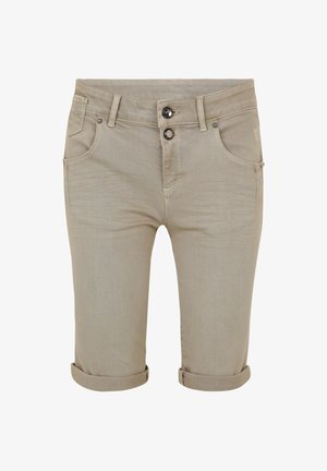 Shorts beige à ourlet roulé en denim, dotés d'une fermeture à deux boutons et de poches avant avec un accent subtil.