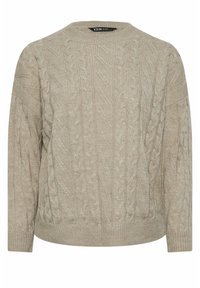 Suéter de punto beige con cuello redondo, mangas largas y dobladillo acanalado. Presenta un diseño texturizado con diversos patrones de tejido.