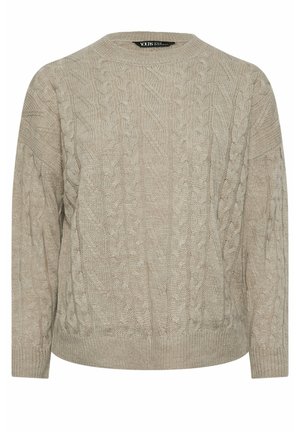 Beżowy sweter z dzianiny w warkocze, z okrągłym dekoltem, długimi rękawami i ściągaczem. Charakteryzuje się teksturowanym wzorem z różnorodnymi wzorami splotów.