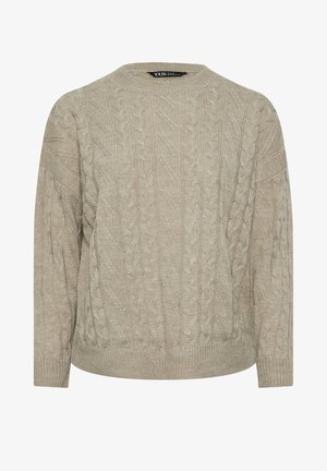 Beżowy sweter z dzianiny w warkocze, z okrągłym dekoltem, długimi rękawami i ściągaczem. Charakteryzuje się teksturowanym wzorem z różnorodnymi wzorami splotów.