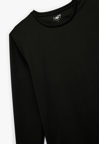 Schwarzes Langarmoberteil aus glattem, dehnbarem Stoff mit rundem Halsausschnitt. Verfügt über klare Linien und ein minimalistisches Design.