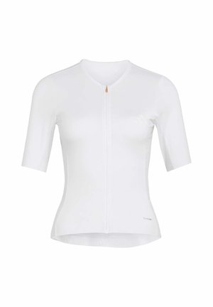 Weißes Radtrikot mit kurzen Ärmeln, Frontreißverschluss und tailliertem Schnitt, entworfen für sportliche Aktivitäten.