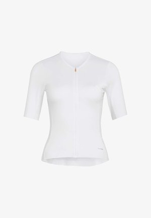 Weißes Radtrikot mit kurzen Ärmeln, Frontreißverschluss und tailliertem Schnitt, entworfen für sportliche Aktivitäten.