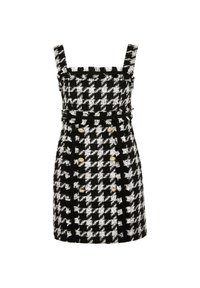 Schwarz-weiße Hahnentritt-Kleid mit quadratischen Trägern, taillierter Taille und goldfarbigen Knöpfen auf der Vorderseite; strukturiert gewebter Stoff.