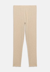 Beige leggings tillverkade av mjukt, stretchigt tyg. Har en slät midjereså och fransad kantdetalj vid anklarna.