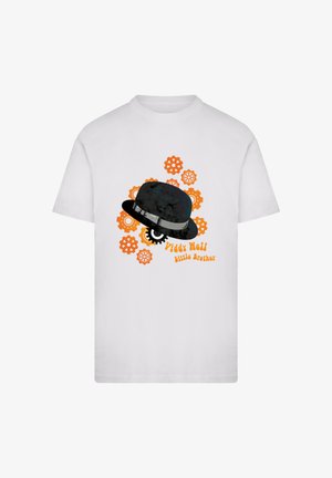 White T-shirt featuring a black bowler hat graphic with a grey band, surrounded by orange gears, and text reading "Viddy Well Little Brother."