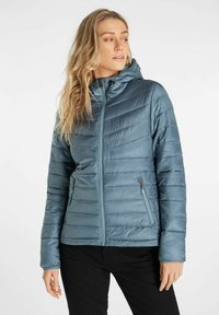 Gestepptes, gefüttertes, blaues Kapuzens jacket mit horizontalem Steppmuster, Frontreißverschluss und zwei seitlichen Reißverschlusstaschen. Glatte Textur.