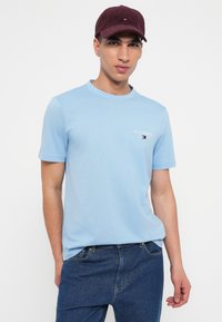 Tricou scurt cu mânecă, de culoare albastră deschisă, cu guler rotund; are un mic logo alb pe piept. O șapcă de culoare maron închis, cu logo, se află deasupra.