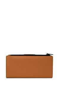 Orange leather wallet with a textured surface, rectangular shape, top zipper closure, and a minimalistic design.