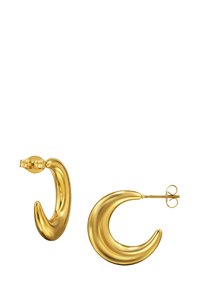 Orecchini a cerchio in tono oro con un design curvo e lucido, caratterizzati da una superficie liscia e una chiusura sicura a perno. Forma brillante e contemporanea.