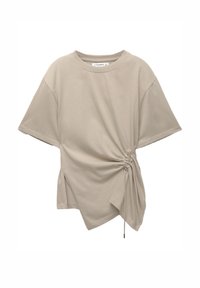 Beige kortærmet T-shirt med rund halsudskæring og gathered side, der er samlet med justerbar snor.