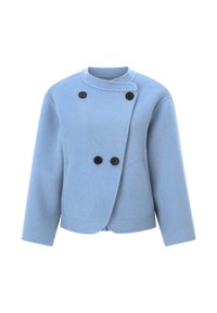 Giacca di lana azzurro chiaro con design avvolgente, bottoni neri e due tasche frontali. Le maniche sono larghe e il colletto è rotondo.
