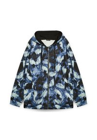 Giacca con zip e cappuccio caratterizzata da un motivo astratto blu e nero, realizzata in tessuto morbido con interni neri a contrasto e coulisse.