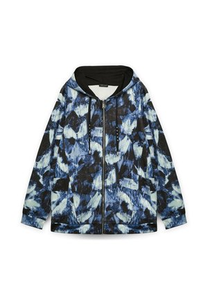Hooded zip-up jas met een blauw en zwart abstract patroon, gemaakt van zachte stof met een contrasterende zwarte binnenvoering en trekkoorden.