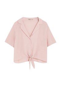 Light pink, short-sleeve cropped blouse with a collar, front button closure, and a tied hem detail. Made from a smooth fabric.