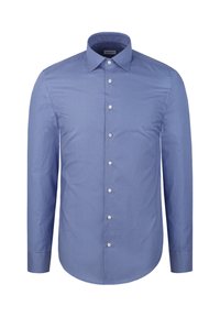 Chemise bleue à manches longues avec motif géométrique blanc petit, col pointu et boutons blancs sur le devant.