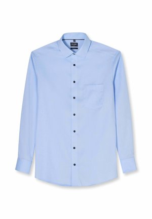 Lichtblauw overhemd met lange mouwen, zwarte knopen, puntige kraag, borstzak aan de voorkant en knoopmanchetten.