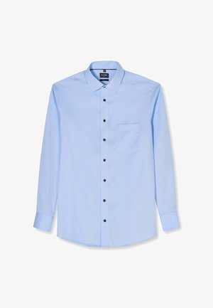 Hellblaues langärmliges Hemd mit schwarzen Knöpfen, spitzem Kragen, Brusttasche vorne und geknöpften Manschetten.