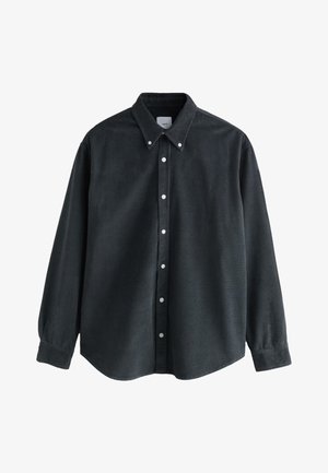 Črna dolgo sleevec srajca z gumbi in ovratnikom z zaskočno zaponko ter belimi gumbi, prikazana na belem ozadju.