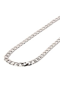 Zilveren ketting met platte, onderling verbonden schakels met een gepolijste afwerking, die een gladde textuur en een consistente glans over het geheel vertoont.