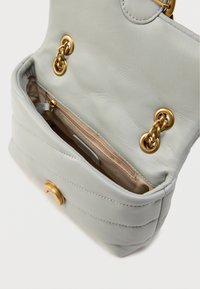 Τσάντα χειρός από ανοιχτό γκρι δέρμα με υφή καπιτονέ. Διαθέτει χρυσά μεταλλικά στοιχεία, συμπεριλαμβανομένων αλυσίδων και κούμπωμα, με εσωτερική τσέπη μπεζ.