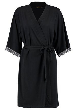Black wrap robe made of soft fabric, featuring wide sleeves and lace trim at the cuffs. Includes a matching fabric belt for closure.