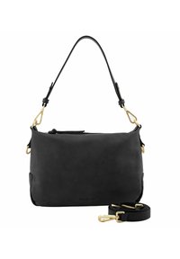 Borsa a tracolla in pelle nera con dettagli in oro, silhouette snella, tracolla regolabile e chiusura con zip. Presenta un sottile dettaglio del logo sul davanti.