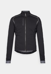 Veste de cyclisme noire à manches longues avec un col montant, fermeture éclair frontale, accents réfléchissants sur les épaules et un ourlet contour. Tissu léger et lisse.